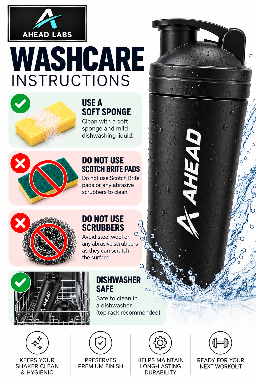 Ahead Labs Stainless Steel Protein Shaker 790ml BLACK
