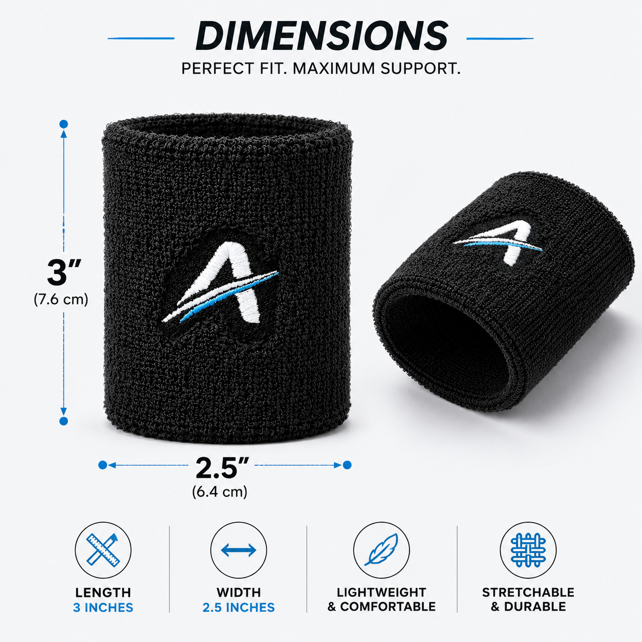 Ahead Active Unisex 3 inches Black Sports Wristband/Sweatband for Athletics/Gym Workout with Embroidered Logo