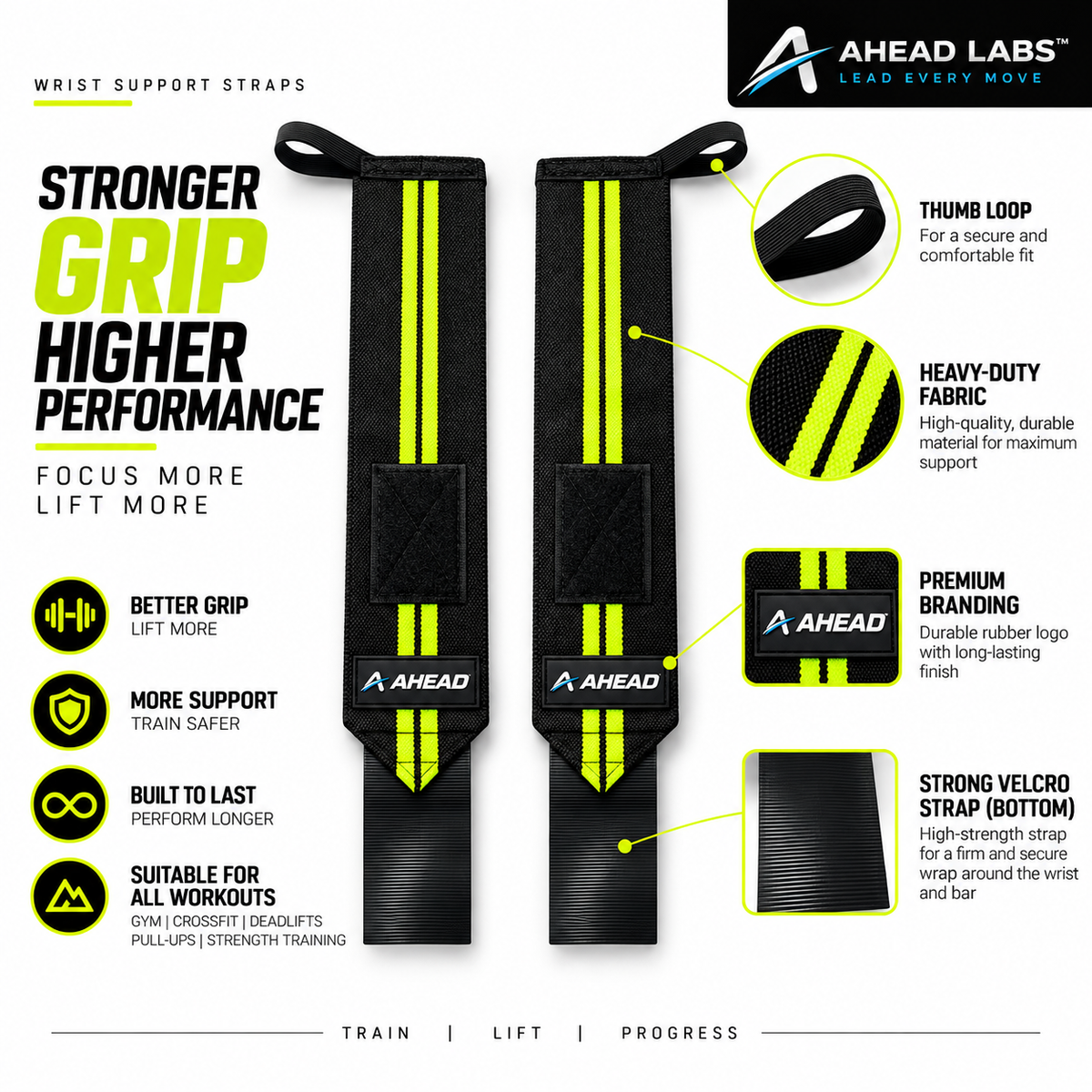 Ahead Labs Wrist Support Straps for Weightlifting Black/Green Striped