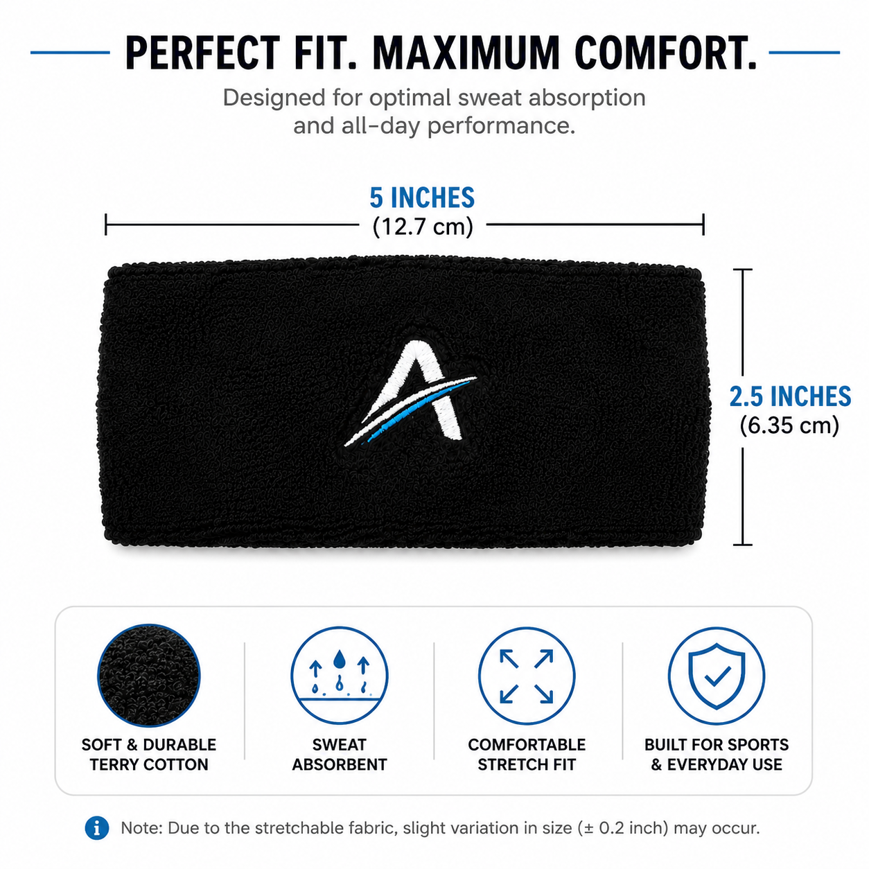 Ahead Active Unisex Black Sports Headband/Sweatband for Athletics/Gym Workout with Embroidered Logo