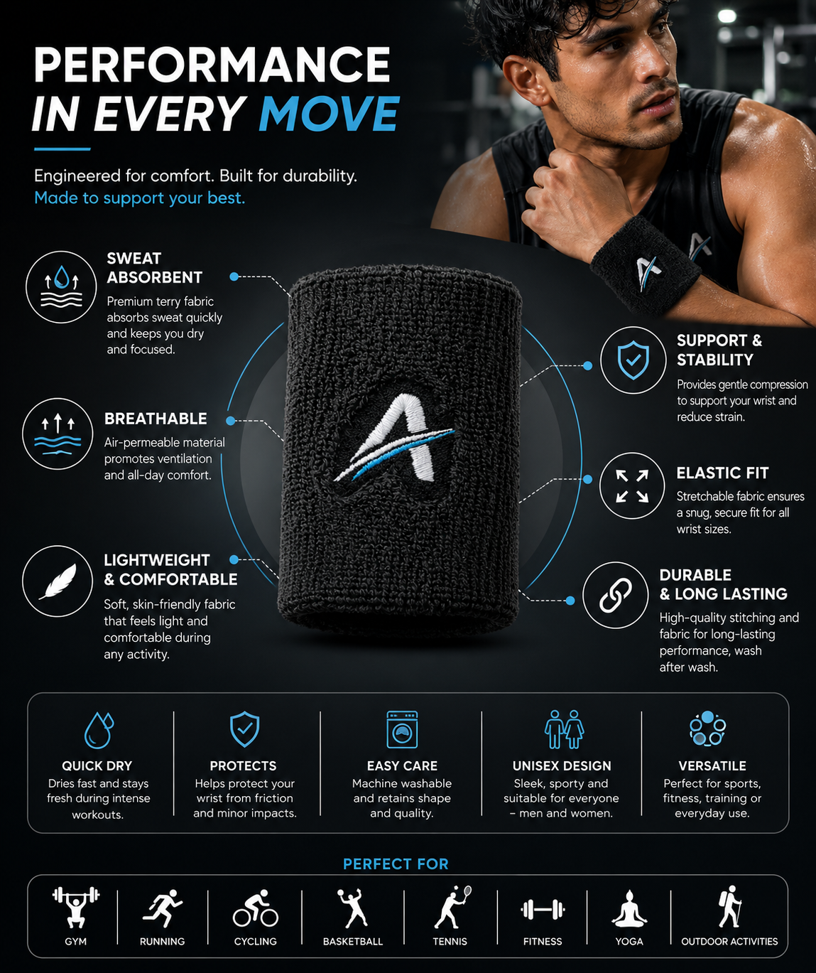 Ahead Active Unisex 3 inches Black Sports Wristband/Sweatband for Athletics/Gym Workout with Embroidered Logo