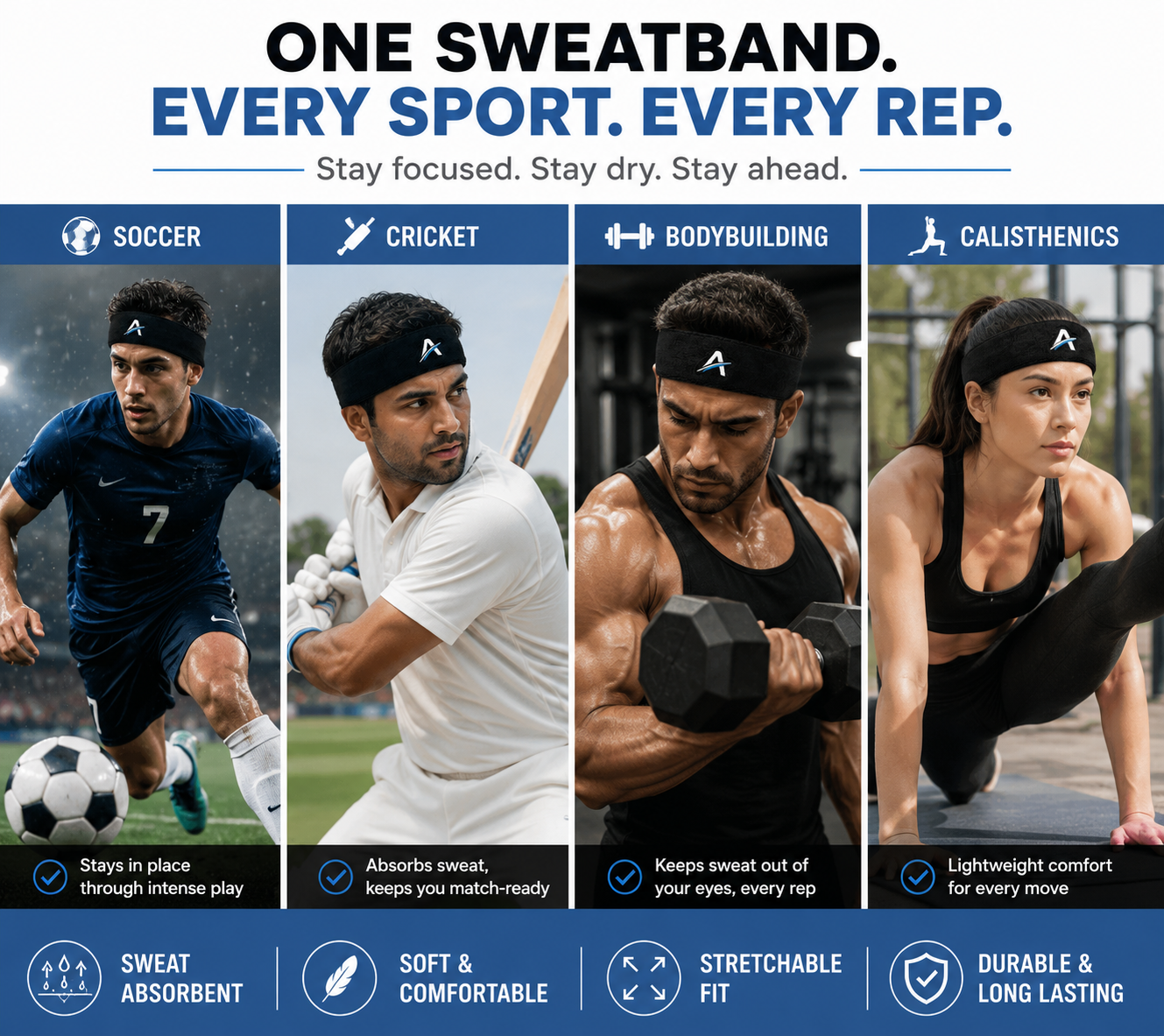 Ahead Active Unisex Black Sports Headband/Sweatband for Athletics/Gym Workout with Embroidered Logo