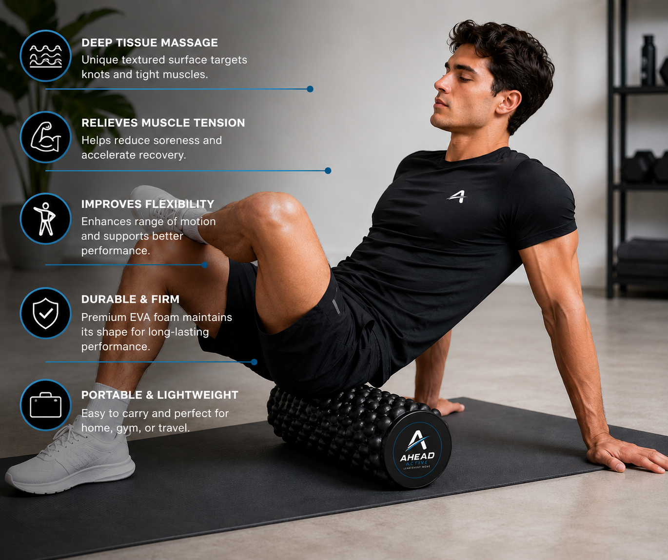 Ahead Active High Density 18 inch Foam Roller for Deep Tissue Muscle Recovery | Textured EVA Massage Roller for Gym, Yoga & Physiotherapy | Trigger Point & Mobility Roller