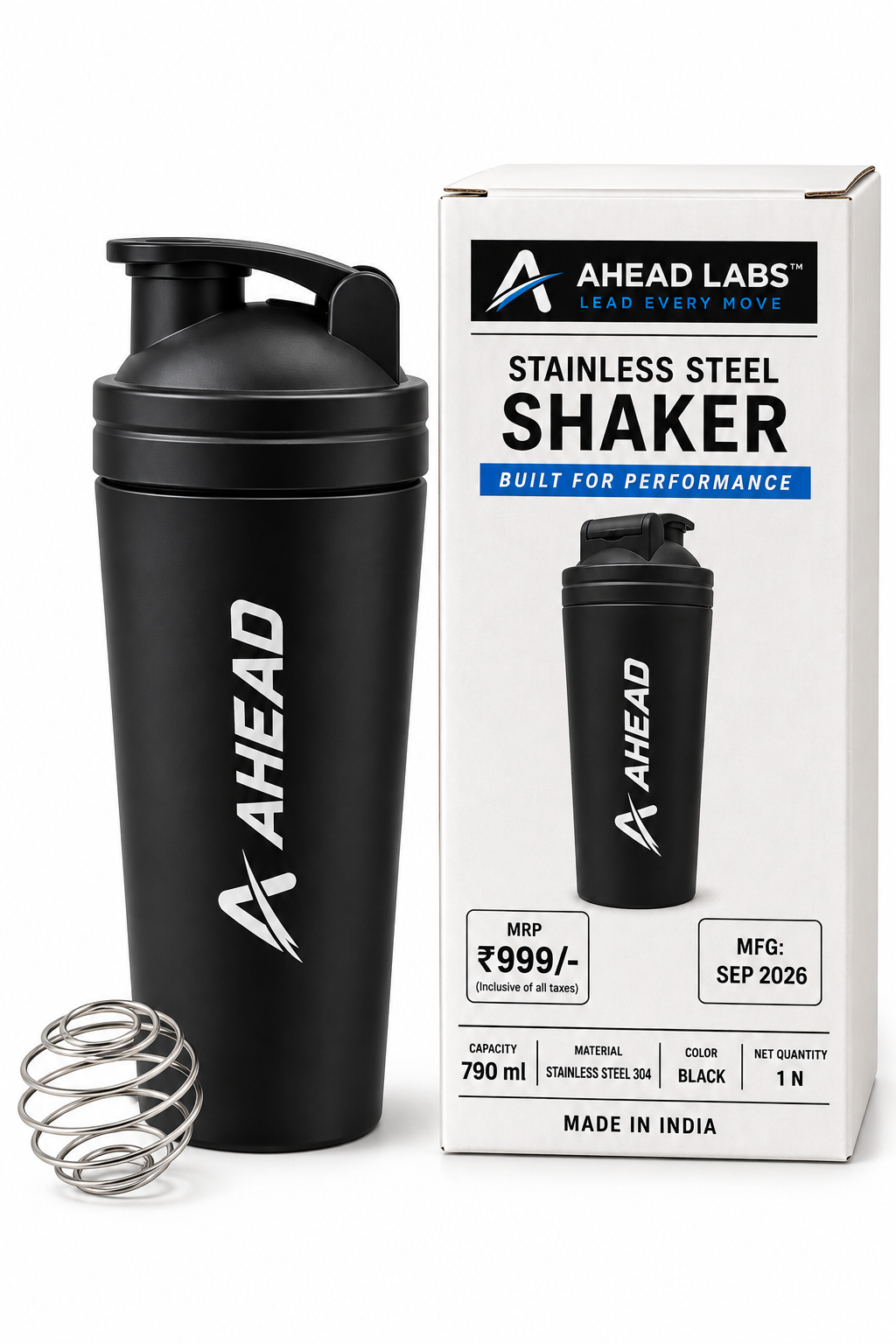 Ahead Labs Stainless Steel Protein Shaker 790ml BLACK